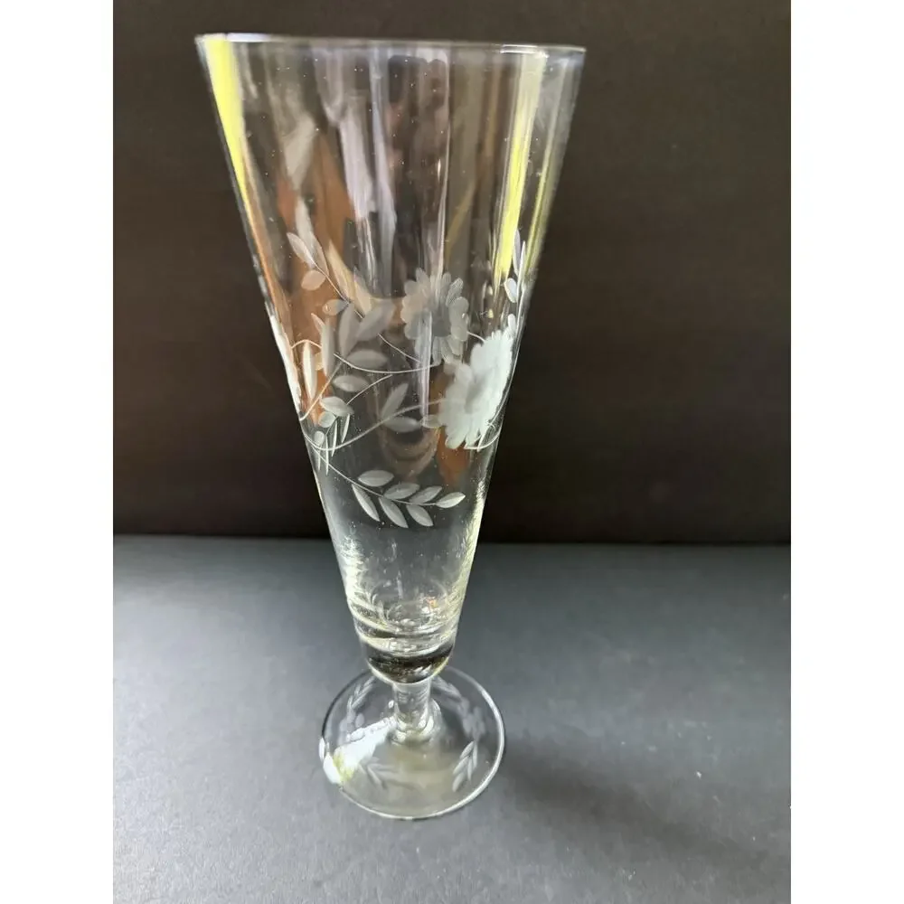Vintage Etched Crystal Pilsner Glasses Champagne Barware Set (2) Flower Design